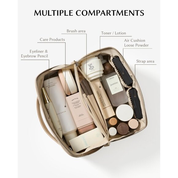 Women AI Beige Large Capacity Cosmetic Travel Makeup Waterproof Portable Bag - Picture 2 of 5